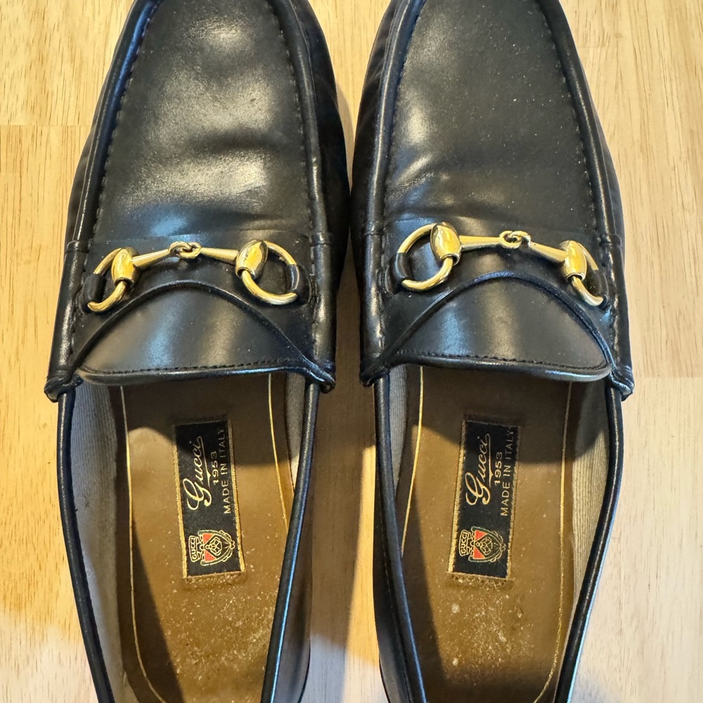Gucci 1953 Horsebit Black Leather Loafers with Gold Detail men’s 8